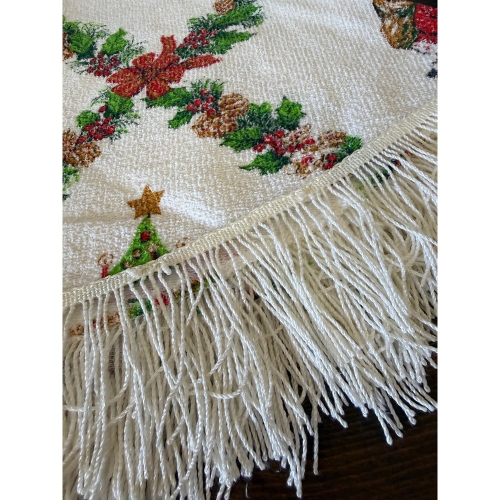Vintage Christmas Tree Skirt 46 Inch Round Santa Sleigh Fringe Trim Woven White - Picture 3 of 9